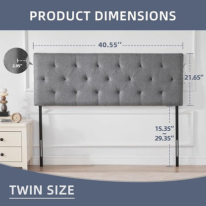 Linen Headboard Twin Size, Adjustable Height Headboard 37-51 in, Light Gray | Diamond Tufting Solid Wood Twin XL Headboards Only, Durable Metal Legs, Upholstered Twin Head Board for Dorm Bed Frame