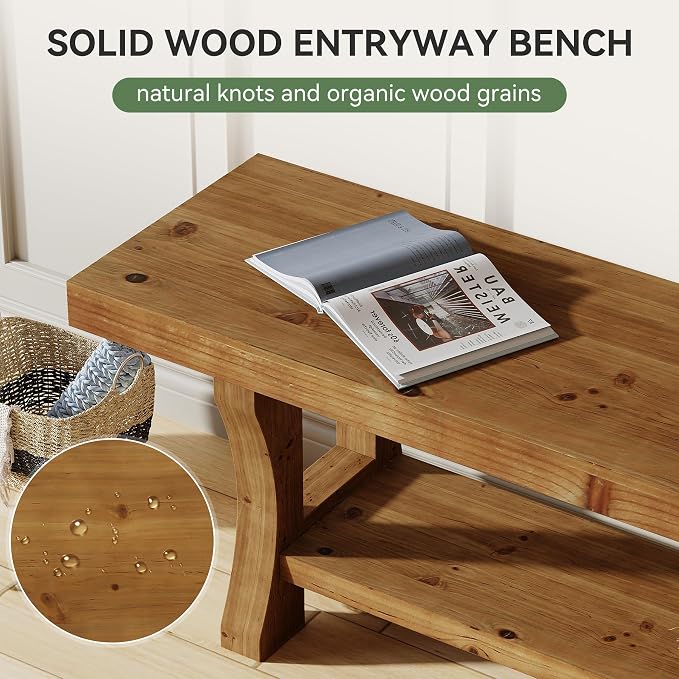 Solid Wood Entryway Bench, 55" End of Bed Bench, Long Indoor Dining Seat for Hallway, Bedroom, Living Room, Dining Room, Easy Assembly, Brown
