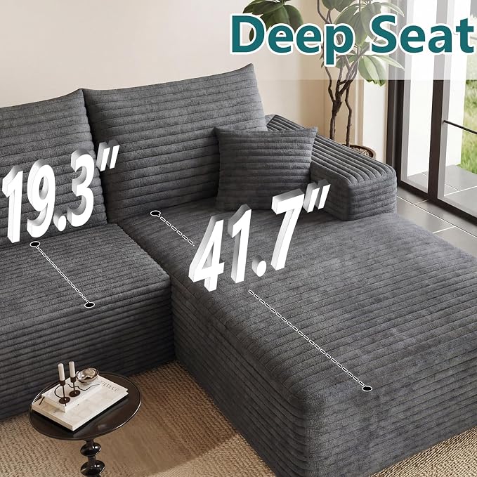 95" Modular Sectional Couch, Boneless L Shaped Cloud Sofa with Chaise Lounge, Corduroy Upholstered Couches Memory Foam Deep Seat, No Assembly Required, Ideal for Living Room(Dark Gray, Right Facing)