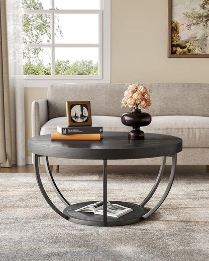 LITTLE TREE Round Coffee Table, 32" Circle Coffee Table for Living Room, 2-Tier Wood Accent Center Table with Open Storage Industrial Design Home Furniture (Black)
