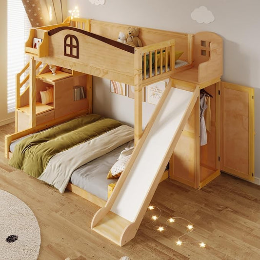 RUNNA Twin Over Full Bunk Bed with Slide,Storage Stairs,Shelf | Twin over full bunk bed with slide, storage stairs, overhead shelf, solid wood, guardrails, no box spring needed