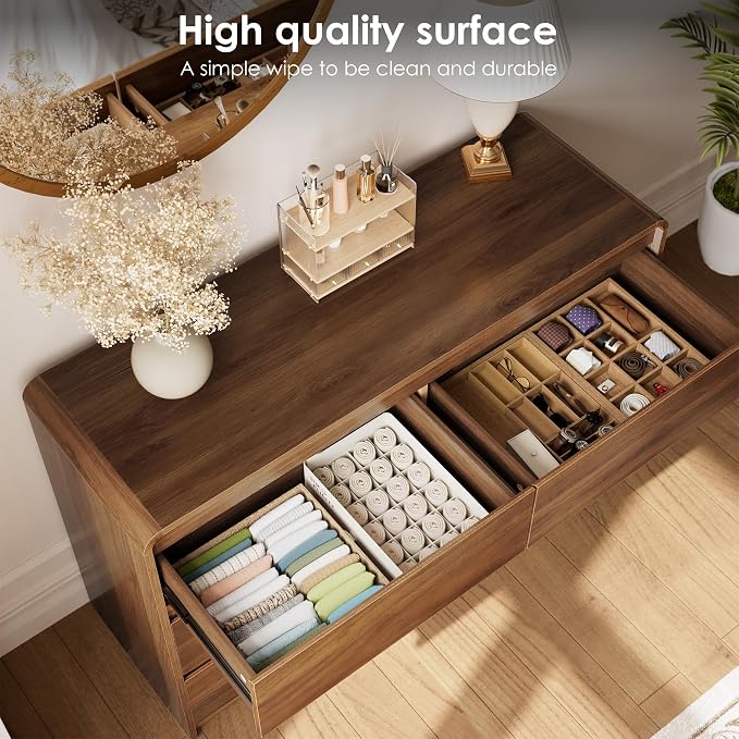 Oransail 6 Drawer Dresser, 47" Wide Walnut Dresser Chest of Drawers, Curved Anti-Collision & Anti-Tipping Design, Mid Century Modern Wooden Dresser for Bedroom, Living Room, TV Stand