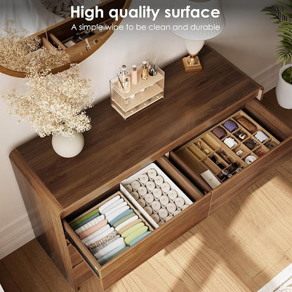 Oransail 6 Drawer Dresser, 47" Wide Walnut Dresser Chest of Drawers, Curved Anti-Collision & Anti-Tipping Design, Mid Century Modern Wooden Dresser for Bedroom, Living Room, TV Stand