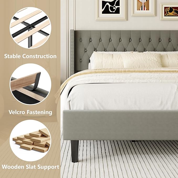HAOARA Full Size Bed Frame, Upholstered Platform Bed with Wingback Headboard, Velvet Button Tufted, Easy Assembly, No Box Spring Needed, Green
