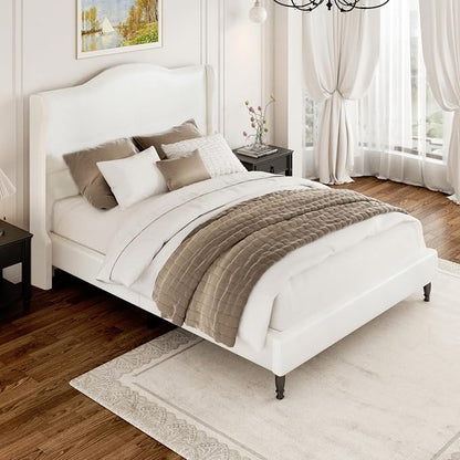 Upholstered Bed Frame with Tall Headboard, Leather Full Platform Bed Frame with Wingback Sides, Wood Slats Support, Noise-Free Design, No Box Spring Needed, Easy Assembly, White