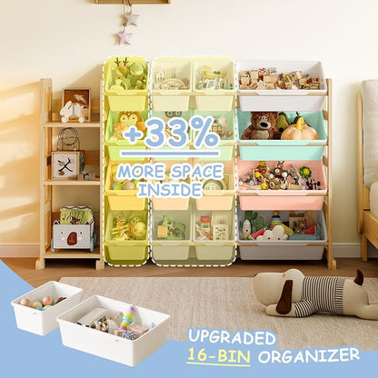 EXPERLAM Toy Storage Organizer, Toy Storage Shelf with 3 Shelves and 16 Storage Bins (12 Small + 4 Large), 3-in-1 Kids Bookshelf for Kids Rooms, Playroom, Nursery, Multi