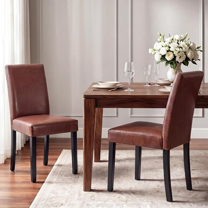 LSSBOUGHT Modern Dining Chair Urban Style Linen Kicthen Chairs with Solid Wood Legs for Dining Room and Restaurant (Brown, Set of 2)