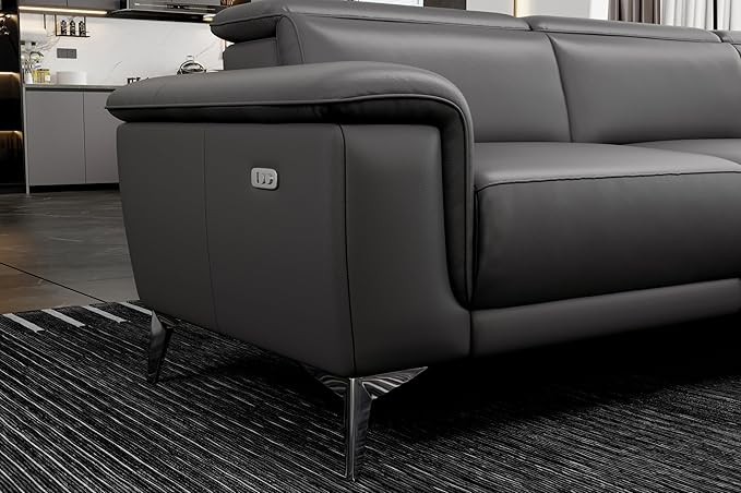 Valencia Pista Geniune Leather Reclining Sectional Sofa with Right Hand Chaise -| Power Recliner Chair, Nappa 11000 Leather | L Shaped Couch for Living Room Furniture, Cloudy Grey