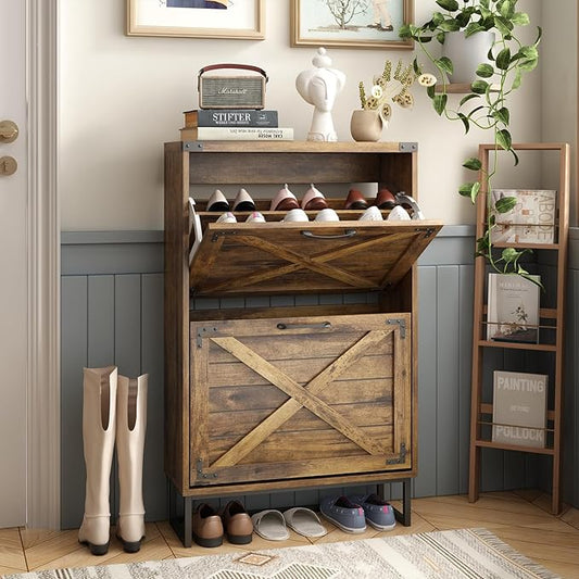 Maupvit 24" W Farmhouse Shoe Cabinet Storage for Entryway, Freestanding Organizer with 2 Flip Drawers, Narrow Shoe Rack Cabinet with Metal Corner Decoration, Rustic Brown