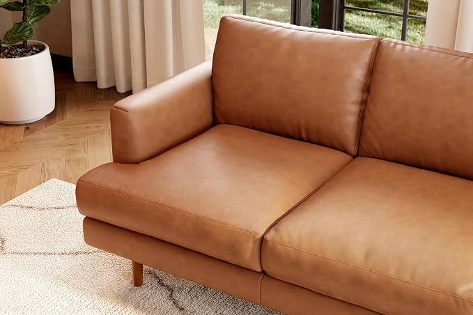 Valencia Grosseto 87” Cognac Tan Brown 3 Seater Full Leather Sofa | Mid Century Italian Nappa Leather Couch for Living Room Furniture | Double Stitched Seams, Removable Cushions