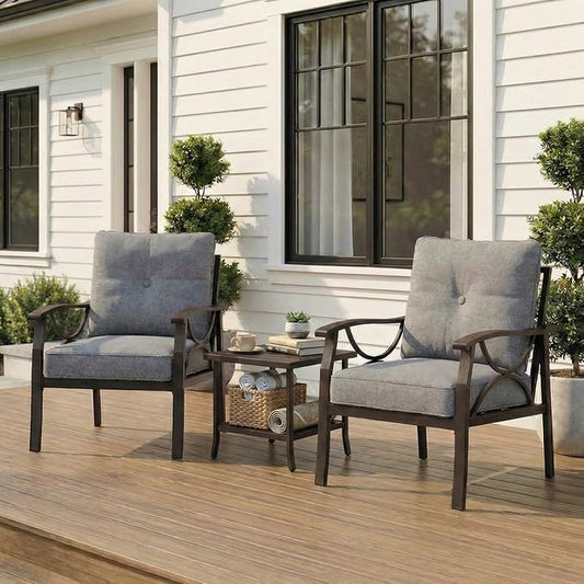 RoyalCraft Outdoor Patio Furniture Set, 3 Pieces Metal Patio Conversation Set with Side Table for Porch Garden Backyard, Grey