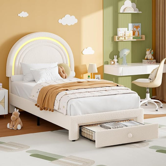 GarveeHome Twin Upholstered LED Bed Frame - with Storage Drawer and Rainbow Headboard, Berber Fleece Princess Platform Bed for Kids, Solid Wood Slat Support, No Box Spring Needed, Easy Assembly, Beige