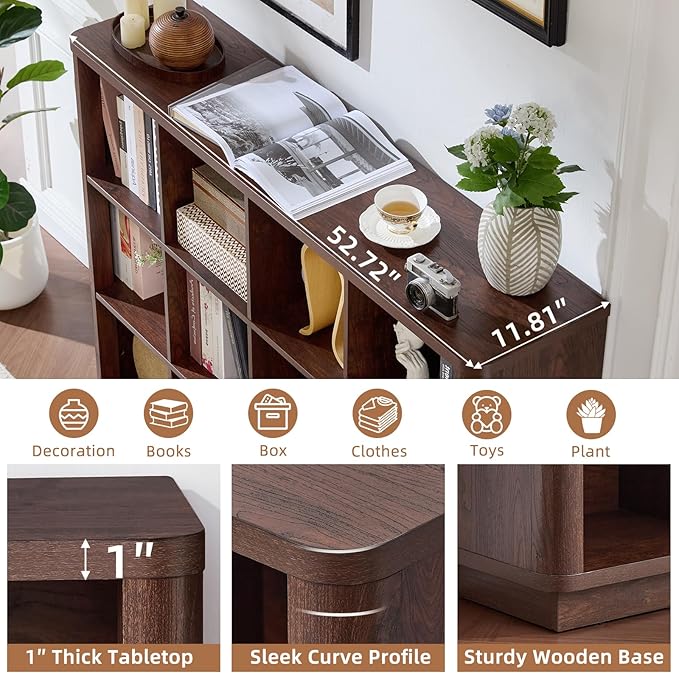 Joaxswe 12 Cube Storage Organizer, 41" Large Bookshelf with Curved Edge, Wood Floor Standing 3-Tier Cubby Bookcase w/Base, Vintage Display Storage Cabinet, Book Case for Living Room, Office, Walnut