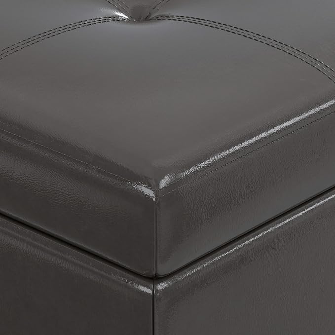 SIMPLIHOME Oregon Storage Ottoman Bench with Tray - 42 inch Wide Upholstered Vegan Leather Rectangle Ottoman Bench in Tanners Brown, Transitional Tufted Ottoman for Living Room with Lift-Up Lid