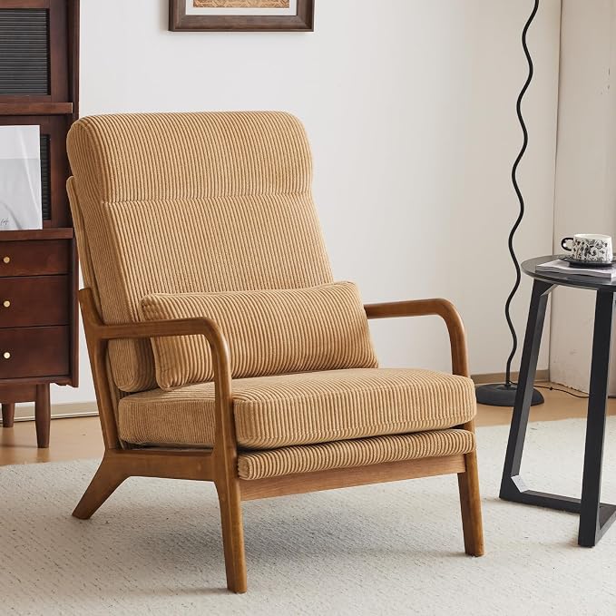 Karl home Accent Chair High Back Mid-Century Modern, Khaki | Corduroy Upholstered, Walnut Color Solid Rubber Wood Frame, Soft Cushion with Pillow, For Living Room, Bedroom, Balcony