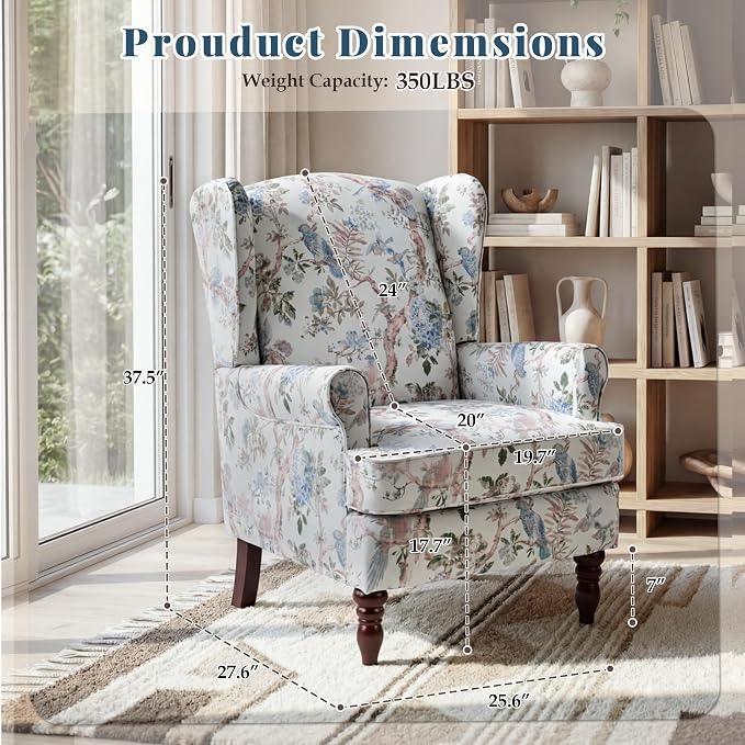 EROMMY Floral Accent Chair, Comfortable High Back Upholstered Armchair with Solid Wood Legs, Leisure Single Sofa Chair for Living Room, Bedroom, Home Office, Light Blue Floral&Bird
