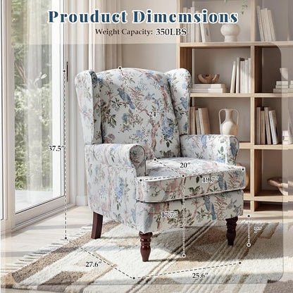EROMMY Floral Accent Chair, Comfortable High Back Upholstered Armchair with Solid Wood Legs, Leisure Single Sofa Chair for Living Room, Bedroom, Home Office, Light Blue Floral&Bird