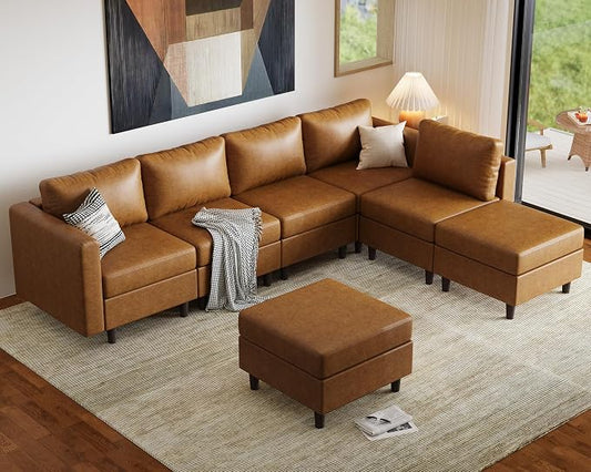 ABCASA Faux Leather Sectional, Modular Sectional Sofa with Storage Seats, 7 Seat Faux Leather Modular L Shaped Couches with Movable Ottoman for Living Room,Brown