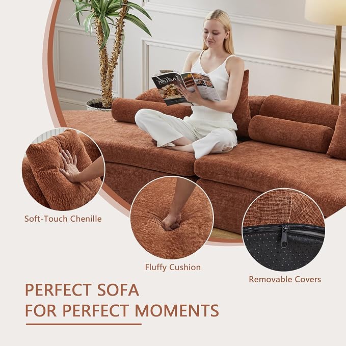 AVZEAR Curved Modular Sectional Sofa, Chenille Upholstered Cloud 1 Seater Couch for Living Room, No Assembly Modern Love Seat Sofa with 1 Bolster Pillows & 1 Square Pillows, High-Density Foam, Orange