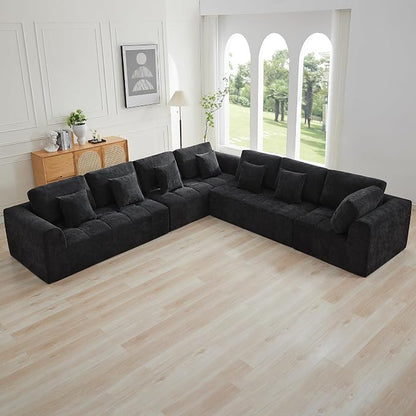 140''Modular Sectional Couches for Living Room, Cloud Boneless Compressed Sectional Sofa, Oversized L Shaped 7 Seater Upholstered Memory Foam Sofa, No Assembly, Chenille Black