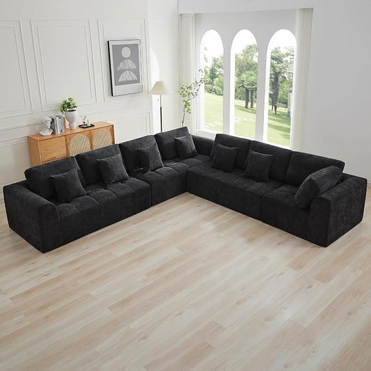 140''Modular Sectional Couches for Living Room, Cloud Boneless Compressed Sectional Sofa, Oversized L Shaped 7 Seater Upholstered Memory Foam Sofa, No Assembly, Chenille Black