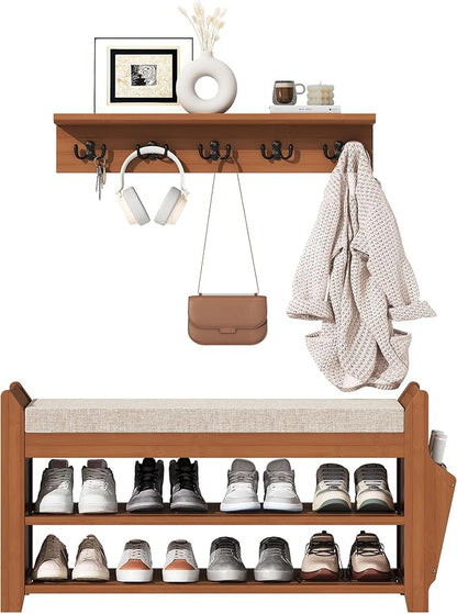 PETKABOO 31.5" Shoe Bench with Coat Rack Hidden Drawer and Side Holder, 2 Tier Entryway Bench with Storage 39.4 in, Bamboo Shoe Rack with Cushion for Entryway Hallway Living Room Bedroom