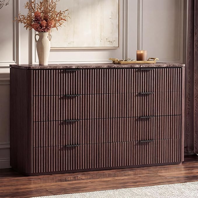 Dresser for Bedroom with 8 Drawers, 54"W Chest of Drawers, Fluted Dresser with Faux Marble Top, Curved Profile Design, Metal Handle, Wood Closet Storage Organizer for Living Room, Hallway, Dark Oak