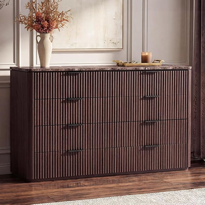 Dresser for Bedroom with 8 Drawers, 54"W Chest of Drawers, Fluted Dresser with Faux Marble Top, Curved Profile Design, Metal Handle, Wood Closet Storage Organizer for Living Room, Hallway, Dark Oak