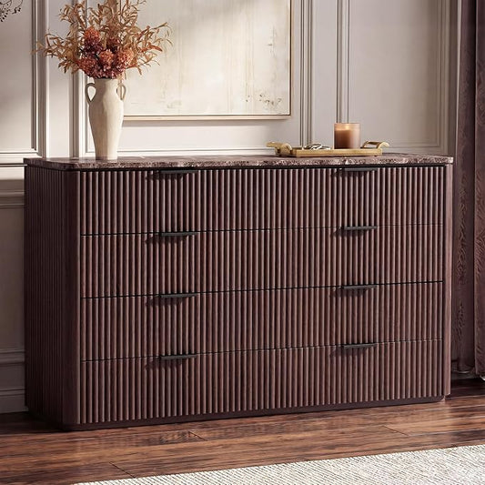 Dresser for Bedroom with 8 Drawers, 54"W Chest of Drawers, Fluted Dresser with Faux Marble Top, Curved Profile Design, Metal Handle, Wood Closet Storage Organizer for Living Room, Hallway, Dark Oak