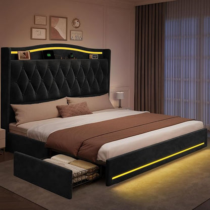 DWVO King Size Bed Frame with 4 Storage Drawers and RGB LED Lights, 57'' Tall Headboard Velvet Upholstered Bed with Charging Station, No Box Spring Needed, Easy Assembly, Noise-Free, Black