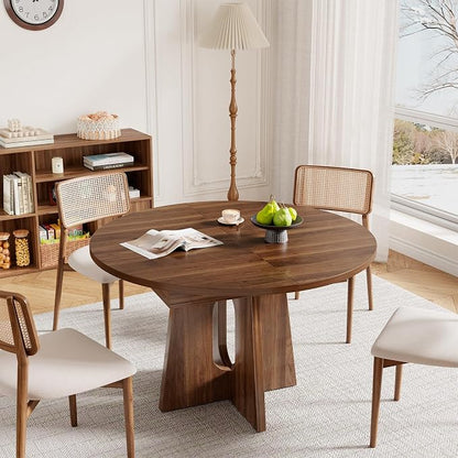 Epecoya 59-Inch Extendable Round to Oval Pedestal Dining Table, Farmhouse Wood Kitchen Table for 4-6 People, Space-Saving Expandable Dinner Table with Heavy Cross Base, Dark Brown Walnut