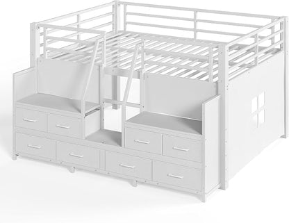 Bellemave Full Size Loft Bed with 8 Non-Woven Fabric Storage Drawers and Bookshelf, Low Loft Bed with Lights and Private Play Curtain, Full Loft Beds with High Rails, Noise Reduced White