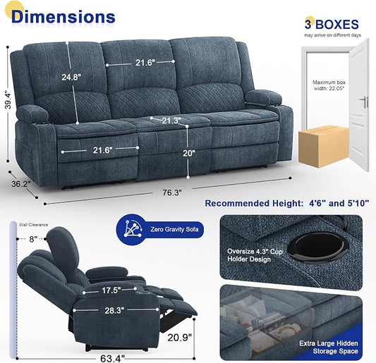 3+1 Manual Recliner Sofa, Maximum Load Capacity 1800lbs & Ergonomics Design, Multi-Functional Middle Seat & Home Theater Seating with Removable Armrest and Storage for RV Living Room (Fabric,Blue)
