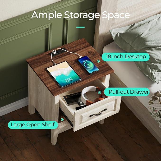 LINSY Night Stand Set of 2, 18.9" Farmhouse Wood NightStand with Type-C Charger &Open Storage Shelf Nightstands with Drawer, Side Table End Table for Bedroom Living Room Sofa Couch Office Beige