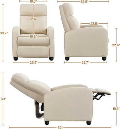 Topeakmart Fabric Recliner Sofa Push Back Recliner Chair Adjustable Modern Single Reclining Chair Upholstered Sofa with Pocket Spring Living Room Bedroom Home Theater Beige