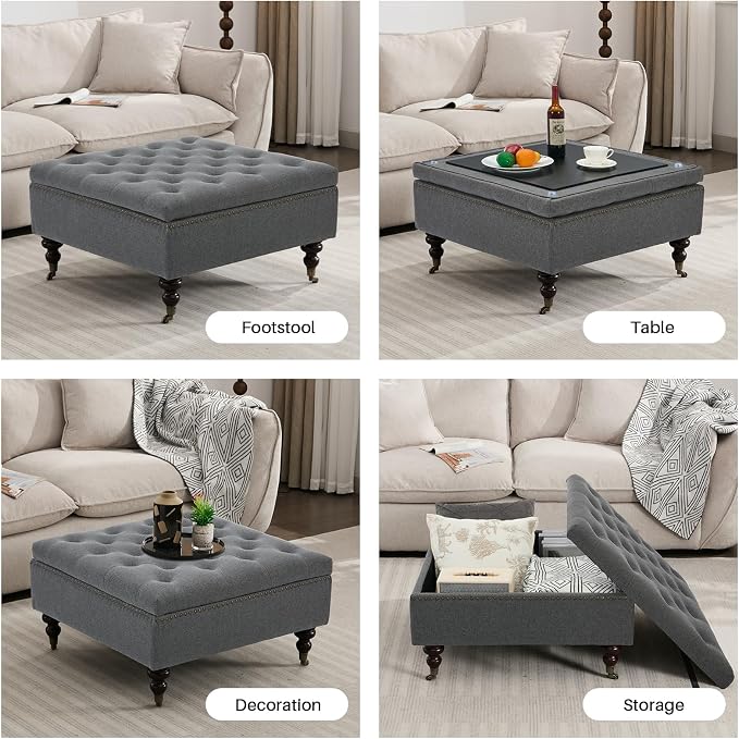Large Square Storage Ottoman Uphlostered Tufted Button Coffee Table, Oversized Footrest Bench with Castered Rolling Wheels for Living Room, Dark Grey Linen Waterproof