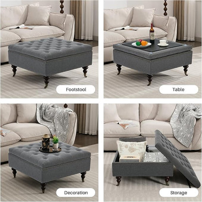 Large Square Storage Ottoman Uphlostered Tufted Button Coffee Table, Oversized Footrest Bench with Castered Rolling Wheels for Living Room, Dark Grey Linen Waterproof