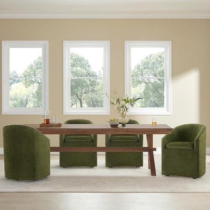 KISLOT Upholstered Dining Chairs with Casters, Washable Cover Modern Dining Room Chairs with Barrel Backrest & Dual Armrest for Kitchen, Living Room, Bedroom, Green Fabric, 2PCS