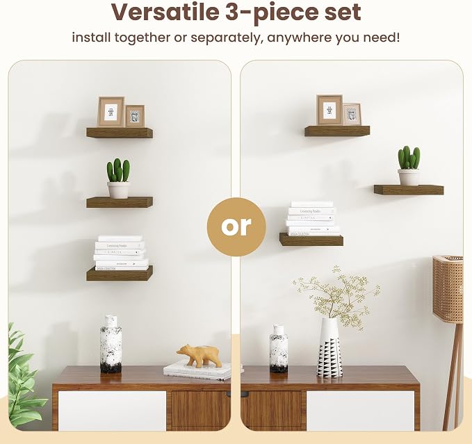 Fun Memories Floating Shelves for Wall - 7.5 Inch Square Shelves with Invisible Brackets, Small Wall Shelf for Living Room, Bathroom, Bedroom, and Kitchen Decor Brown Set of 3