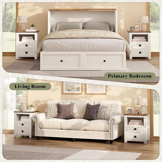 AMERLIFE 5-Piece Farmhouse Furniture Bedroom Set, Dressers & Nightstand Set of 2 with Storage Cabinet & Sideboard, Sliding Barn Door Wood Bedroom Set for Bedroom/Living Room, Distressed White