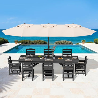 SERWALL 9 Piece 84" HDPE Outdoor Dining Set with 6 Armless Chairs, 2 Armchairs and Umbrella Hole for 8, Black