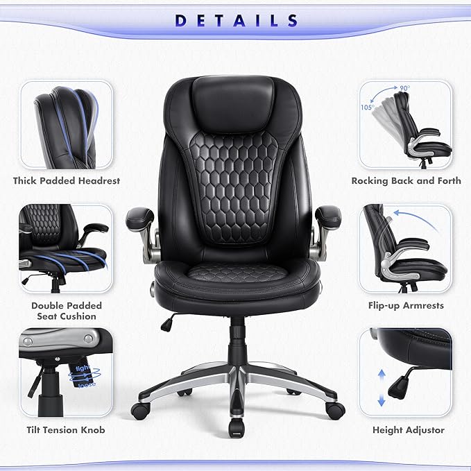 COLAMY High Back Executive Office Chairs, Ergonomic PU Leather Desk Chairs with Flip-Up Armrests, Adjustable Height, Lumbar Support, Comfortable Computer Chairs for Home Office, Set of 2