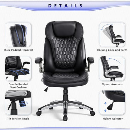 COLAMY High Back Executive Office Chairs, Ergonomic PU Leather Desk Chairs with Flip-Up Armrests, Adjustable Height, Lumbar Support, Comfortable Computer Chairs for Home Office, Set of 2