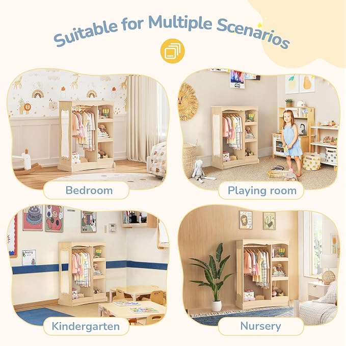 Curipeer Kids Dress Up Storage with Flower Mirror, Open Hanging Closet Wardrobe for Children, Kids Armoire & Costume Organizer for Bedroom Playroom Preschools Classroom, Wood Color