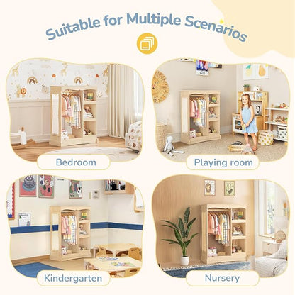 Curipeer Kids Dress Up Storage with Flower Mirror, Open Hanging Closet Wardrobe for Children, Kids Armoire & Costume Organizer for Bedroom Playroom Preschools Classroom, Wood Color