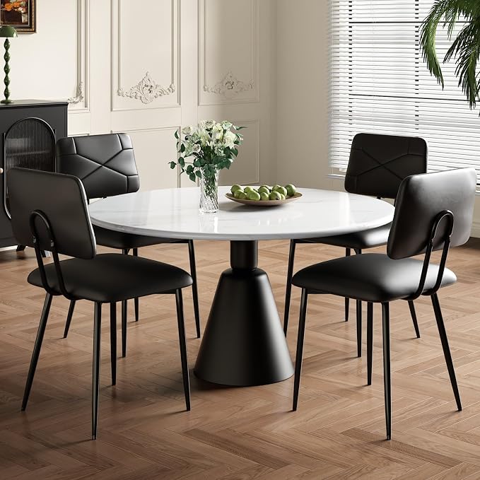 VECELO Dining Chairs Set of 4, Modern Upholstered Kitchen Chairs with Faux Leather Cushion Seat & Metal Legs for Kitchen, Living Room, Tufted Backrest Design, Black