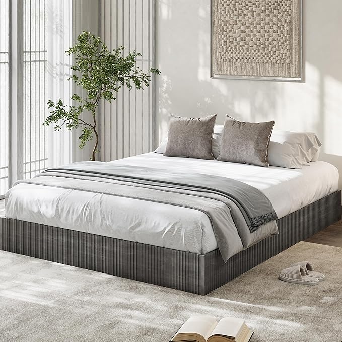 Garvee King Bed Frame, Wood Platform Bed with Fluted Design, Low Profile BedFrame, Minimalist Bed Base with Noise-Free, Easy Assembly, No Box Spring Needed, Charcoal Grey