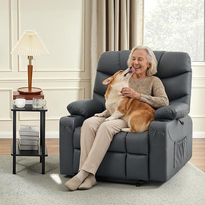 MCombo Oversized Power Lift Recliner Chair with Extended Footrest, Extra Wide for Big and Tall Elderly People, Faux Leather R7289 (Dark Grey, Medium-Wide)