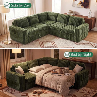 HONBAY Plush Corduroy Modular Sectional Sofa with Pull Out Bed, Convertible L Shaped Couch with Storage,Sleeper Sectional Couches for Living Room,Plush Green