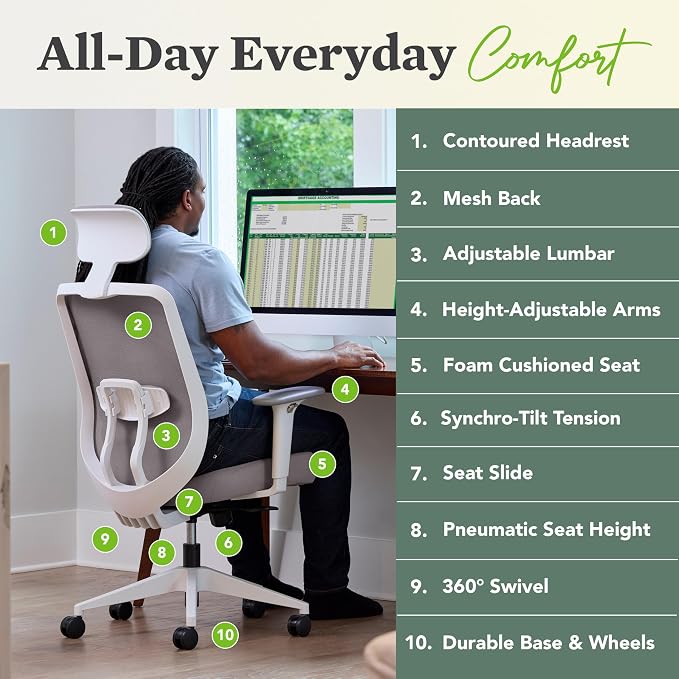 HON Altern Ergonomic Office Chair with Headrest, Mid‑Back Mesh Desk Chair, Adjustable Arms, Seat Slide, Synchro‑Tilt, Rolling Computer Seat for Home Office, White Frame, Black